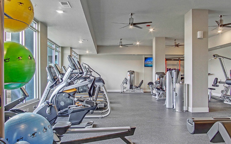 Fitness center with free weights, treadmills and ellipticals.