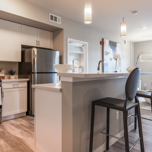 Open kitchen and living room with plenty of natural light.