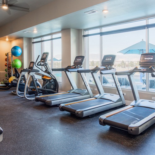 One-Bedroom Apartment In Sparks, NV - Waterfront at the Marina - Fitness Center Equipped with Cardio Equipment, Strength Training Machines, Free Weights, Mirror Wall, and Yoga Balls with View of Pool